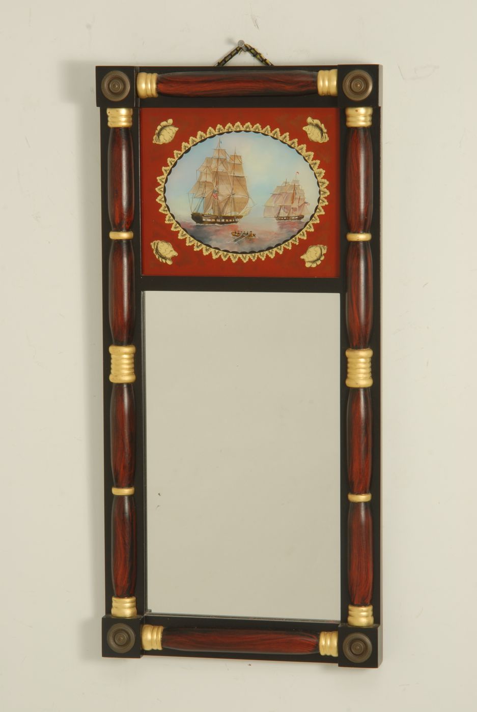 Appraisal: TH CENTURY-STYLE HALF-COLUMN MIRROR With reverse-painted upper tablet depicting two