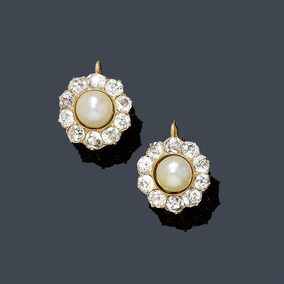 Appraisal: PEARL AND DIAMOND EARRINGS ca Yellow gold Fancy rosette-shaped ear