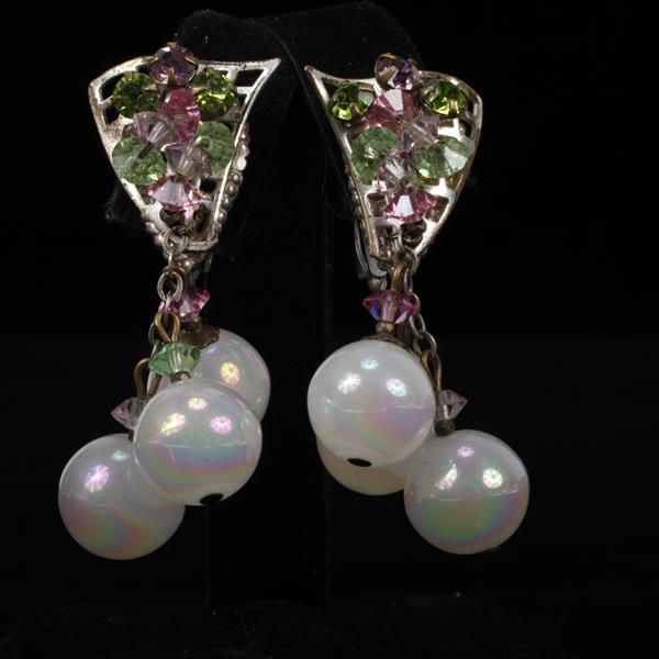 Appraisal: Miriam Haskell Iridescent Beaded Clip Earrings with green and pink