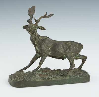 Appraisal: Small Bronze Stag Startled stag on a grassy field nicely