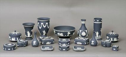 Appraisal: Forty-Seven Wedgwood Dark Blue Jasperware Articles Modern Including covered boxes