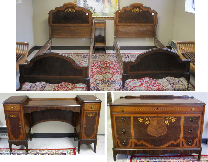 Appraisal: FIVE-PIECE INLAID BURL WALNUT AND MAHOGANY BEDROOM FURNITURE SET French