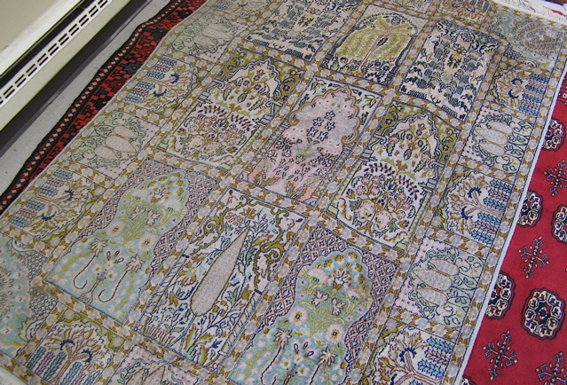 Appraisal: HAND KNOTTED ORIENTAL PRAYER RUG Indo-Persian faux silk the field