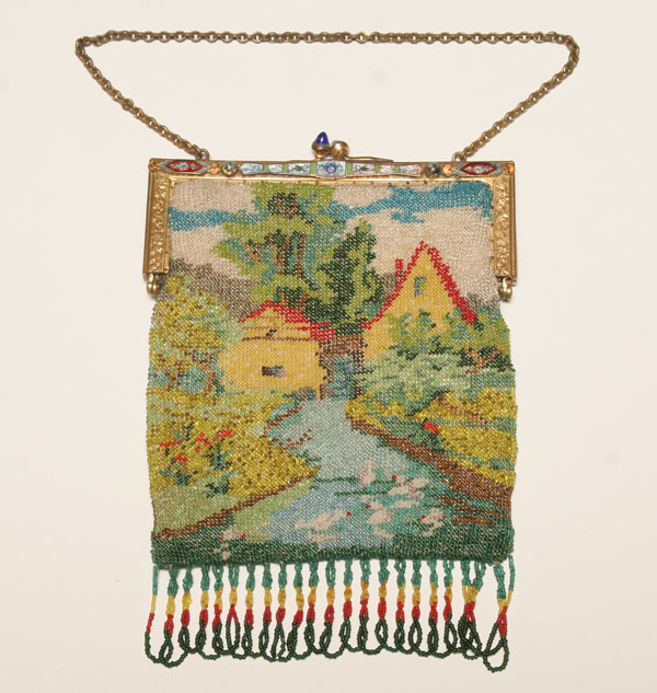 Appraisal: Antique scenic beaded bag country cottage stream and surroundings end