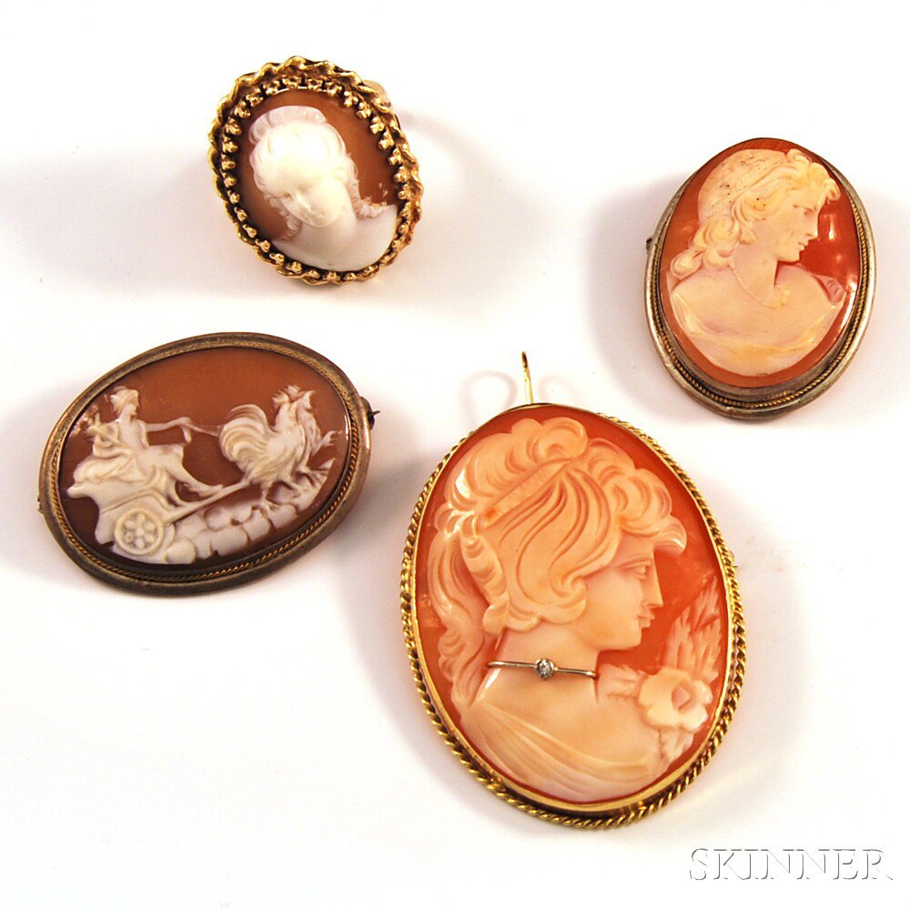 Appraisal: Four Pieces of Shell-carved Cameo Jewelry three brooches two silver-framed