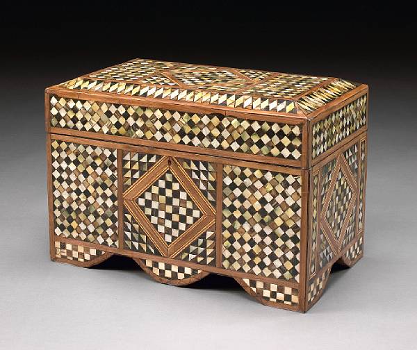 Appraisal: A Levantine shell and bone inlaid parquetry coffer The hinged