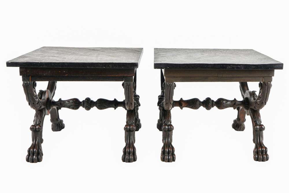 Appraisal: PAIR OF CARVED WOOD BENCHESconverted into cocktail tables with slate