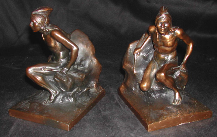 Appraisal: Pair of American Bronze-Patinated Spelter American Indian Brave Bookends first