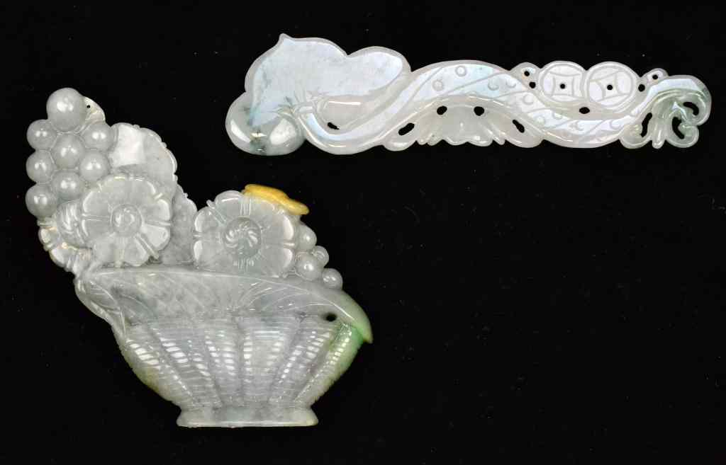 Appraisal: Chinese Qing Jade CarvingsTo include a basket of fruit and