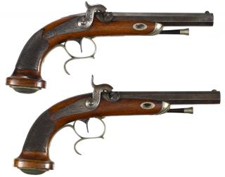 Appraisal: Matched pair of Belgian back action percussion pistols approximately caliber