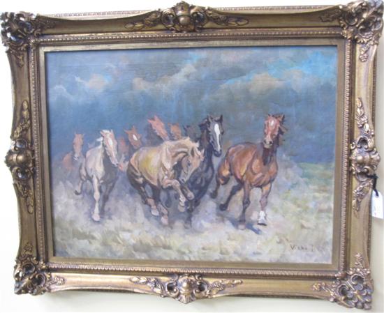 Appraisal: VISKI JANOS HUNGARIAN b Oil on canvas Galloping Horses Signed