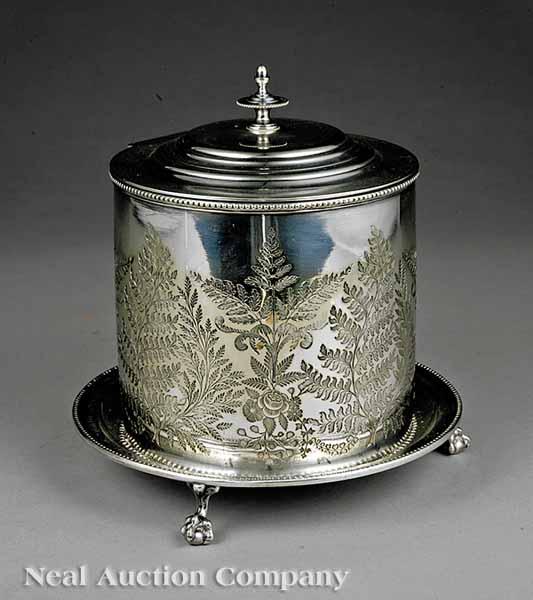 Appraisal: An English Late Victorian Silverplate Biscuit Box c flat chased