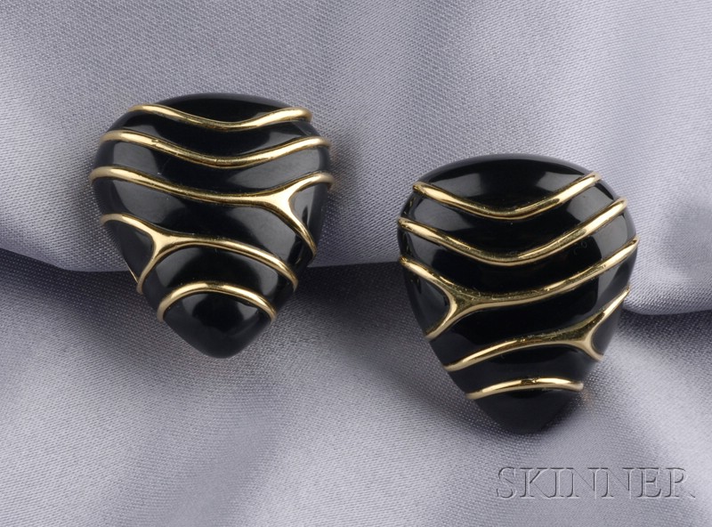 Appraisal: kt Gold and Black Jade Earclips Angela Cummings of abstract