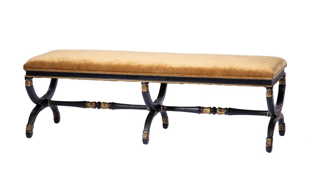 Appraisal: Regency-Style Ebonized and Parcel Gilt Hall Bench padded cushion molded