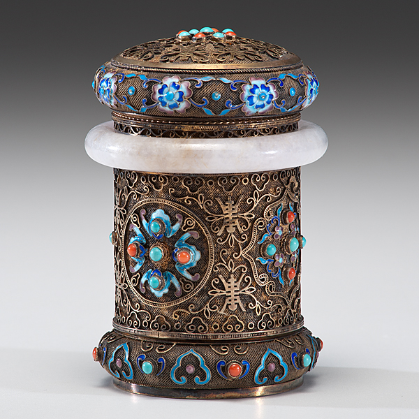 Appraisal: Chinese A cylindrical silver cigarette box with enamel floral motifs