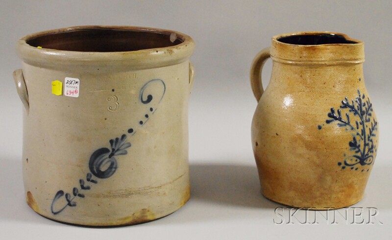 Appraisal: Cobalt-decorated Stoneware Pitcher and Crock a shaped pitcher with cobalt