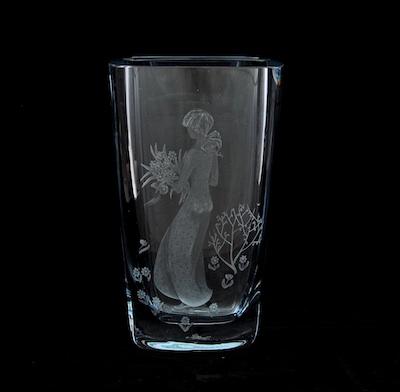 Appraisal: A Stromberg Etched Crystal Vase Approx - H of oblong