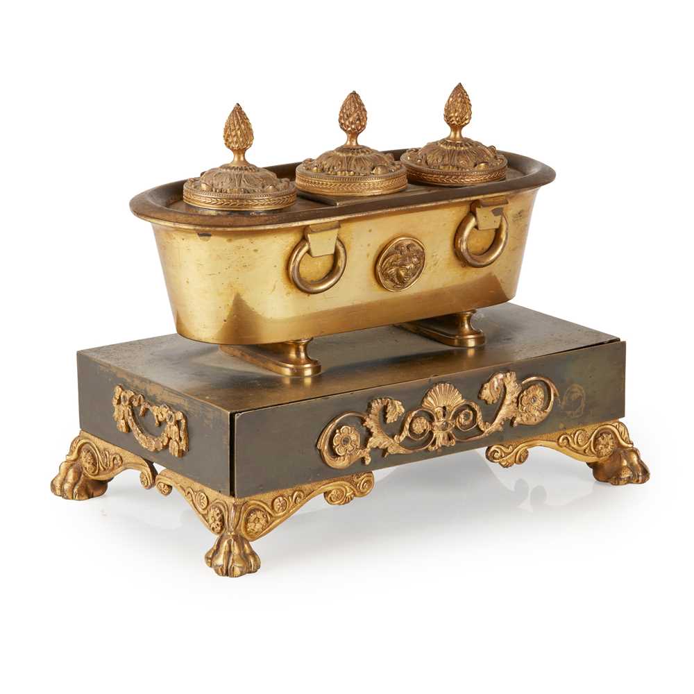 Appraisal: A LATE REGENCY GILT AND PATINATED BRONZE DESK STAND EARLY