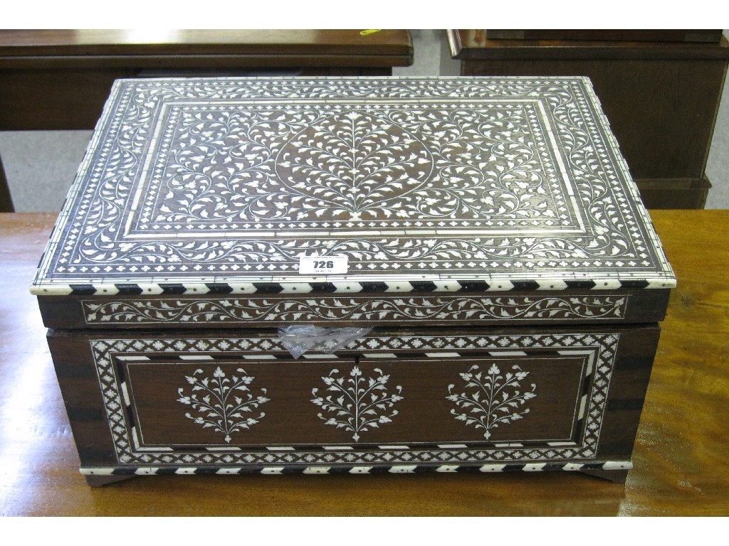 Appraisal: Hardwood and ivory inlaid toilet case with fitted interior