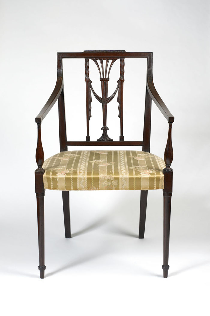 Appraisal: PHILADELPHIA FEDERAL CARVED INLAID MAHOGANY ARMCHAIR The stepped molded crest