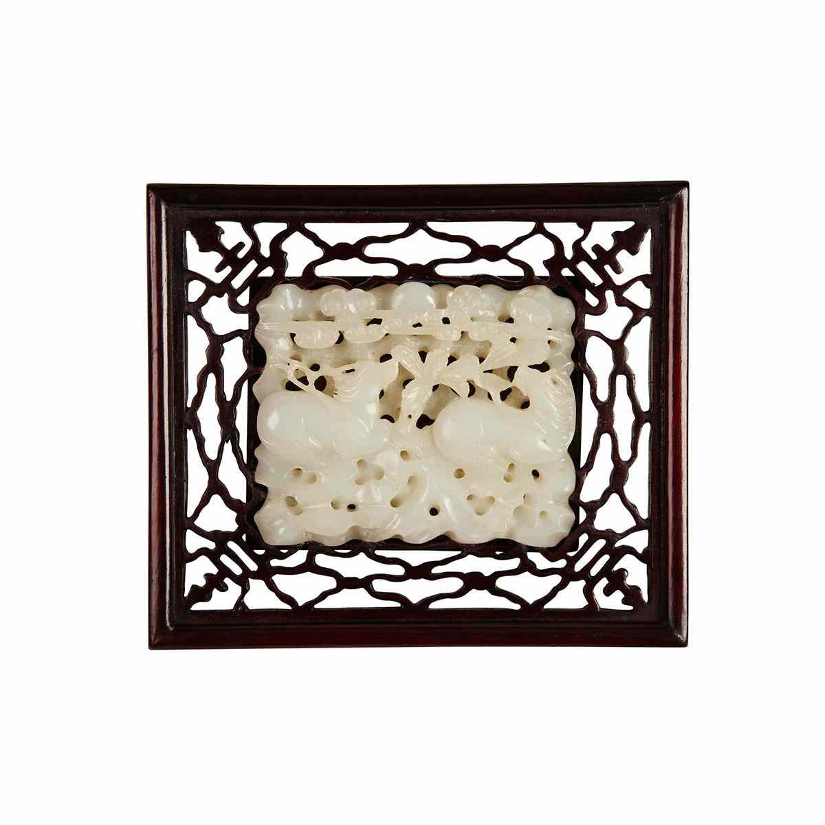 Appraisal: Rosewood and White Jade Panel The stone of a white