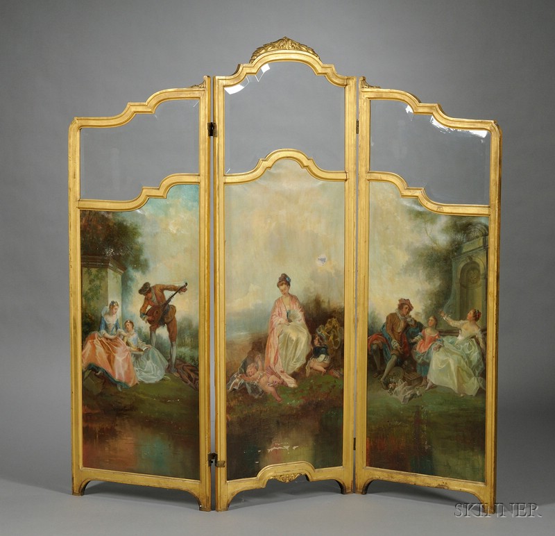 Appraisal: Louis XVI Style Giltwood Painted and Glass Three-panel Floor Screen