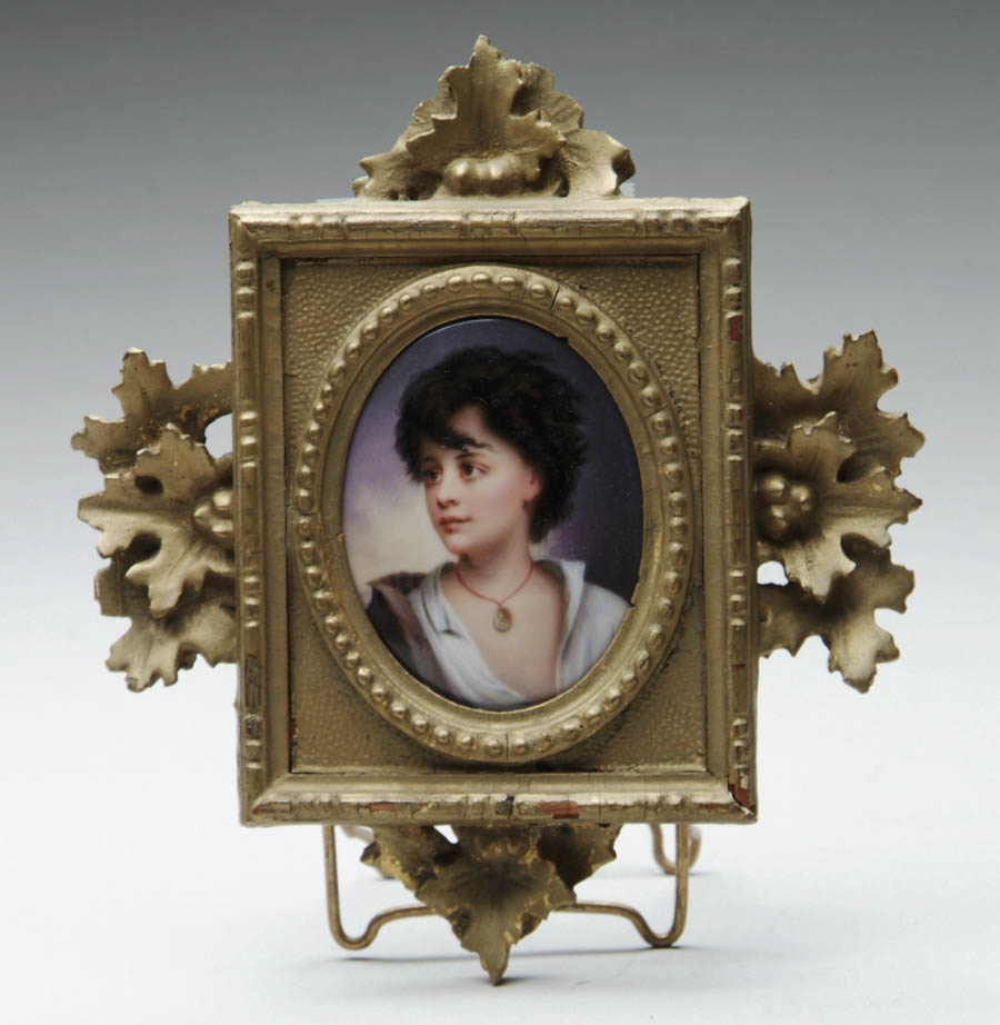 Appraisal: MINIATURE PORCELAIN PORTRAIT Wonderful miniature portrait depicts young girl with