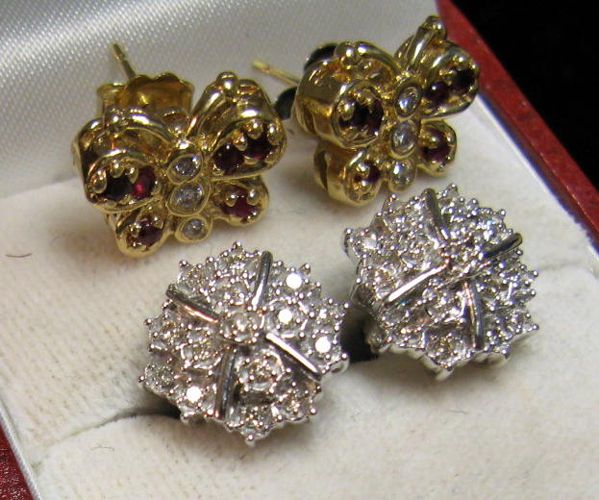 Appraisal: TWO PAIRS OF DIAMOND AND FOURTEEN KARAT GOLD EAR STUDS