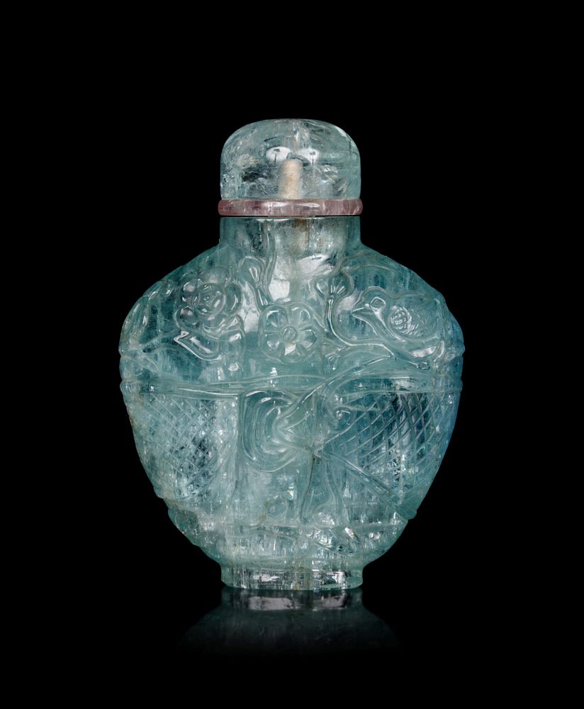 Appraisal: A Small Carved Aquamarine Snuff Bottle Height overall in cm