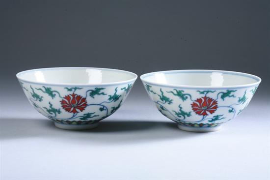 Appraisal: PAIR CHINESE DOUCAI PORCELAIN BOWLS Qianlong six-character underglazed blue seal