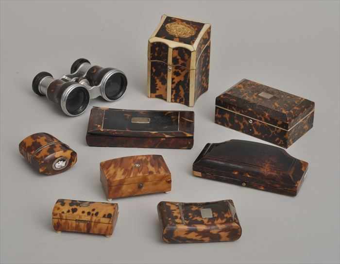 Appraisal: NINE TORTOISESHELL CABINET ARTICLES Comprising a miniature knife box with