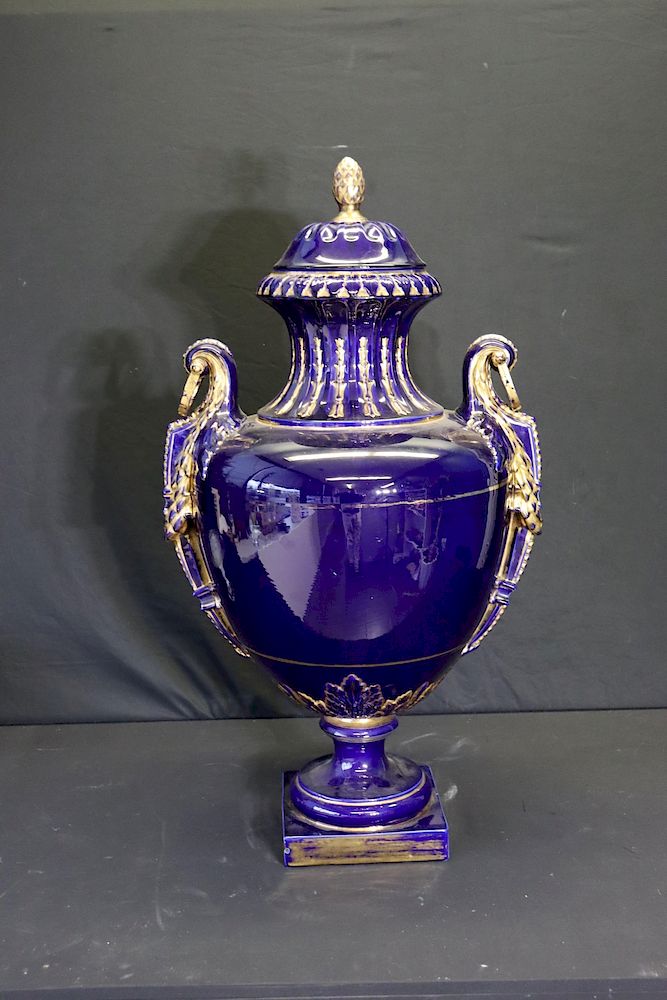 Appraisal: Large Vintage Cobalt Blue And Gilt Decorated Urn Palace size