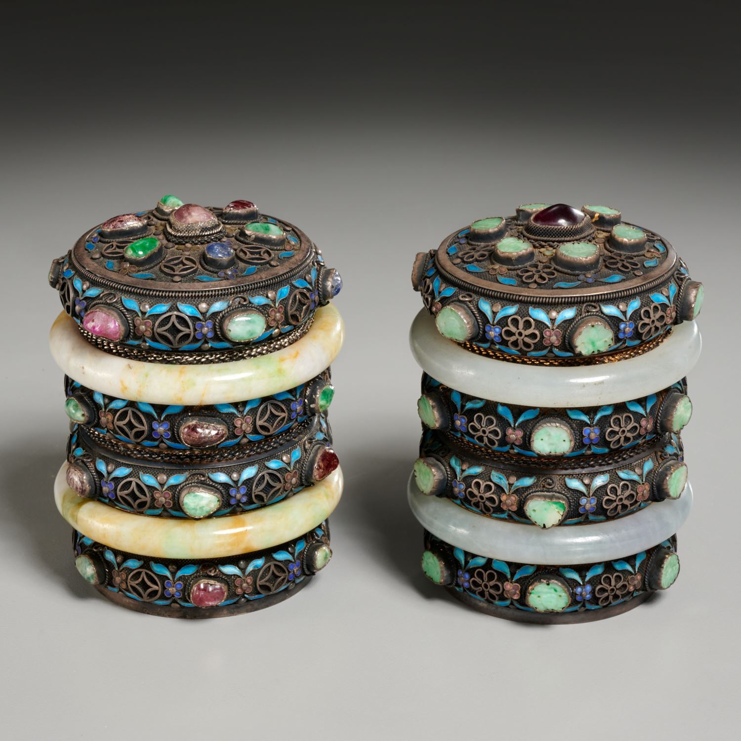 Appraisal: PAIR CHINESE JADE MOUNTED SILVER CLOISONNE BOXES th c filigree