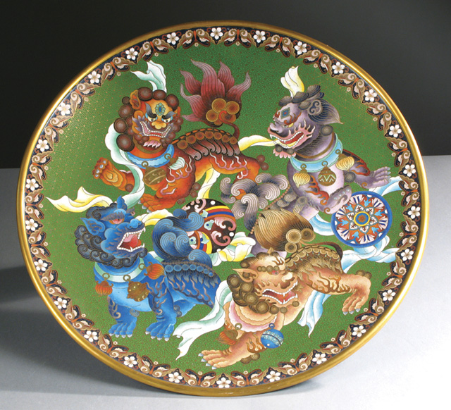 Appraisal: CLOISONNE ENAMEL CHINESE CHARGER depicting four colorful stylized foo dogs