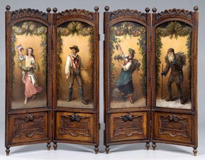 Appraisal: Victorian carved hand painted screen four hinged panels now separated