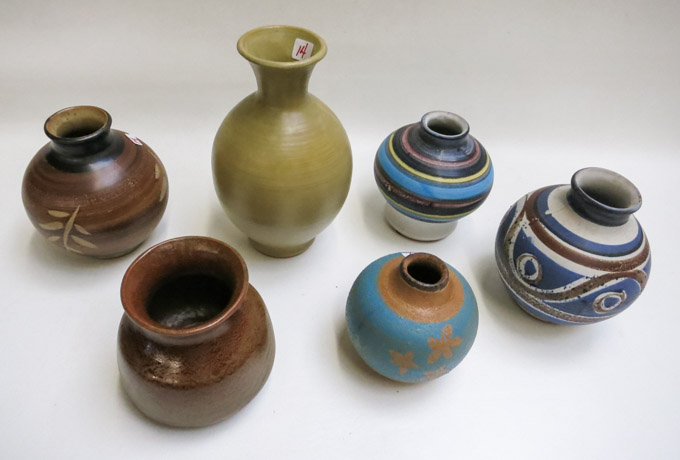 Appraisal: SIX B WELSH PACIFIC STONEWARE VASES Bennett Welsh - born