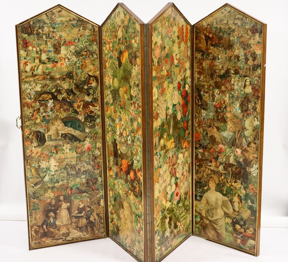 Appraisal: Impressive Antique Panel And Double Sided Decoupage Screen From a