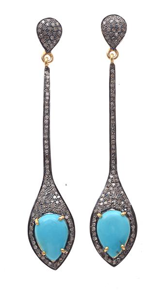 Appraisal: A PAIR OF TURQUOISE AND DIAMOND DROP EARRINGS IN CT