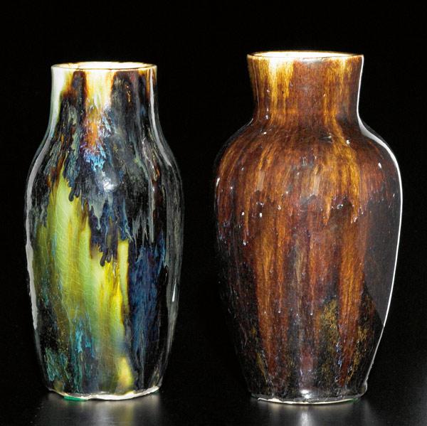 Appraisal: DEDHAM Two experimental vases by Hugh Robertson covered in flambe