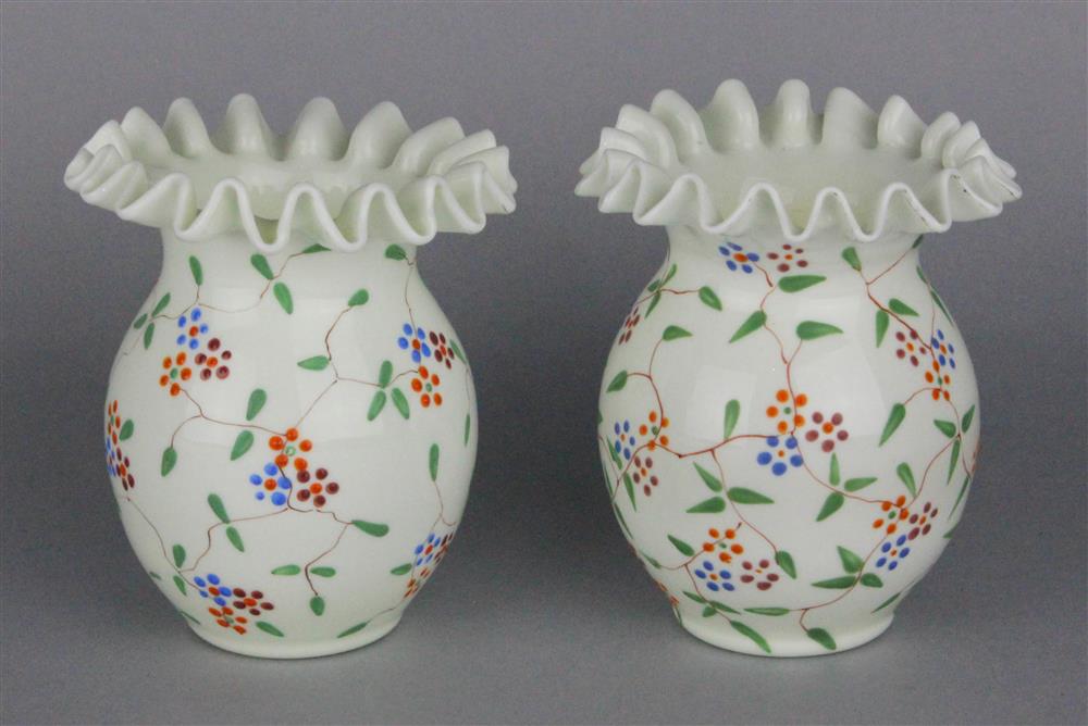 Appraisal: TWO PORTUGUESE WHITE OPAQUE GLASS SMALL VASES acid etched marks