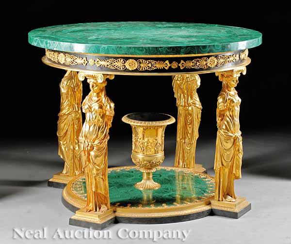 Appraisal: A Good Empire-Style Gilt Bronze and Malachite Centre Table probably