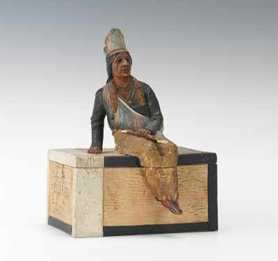 Appraisal: A Large Cigar Box Humidor with Seated Indian by Johann