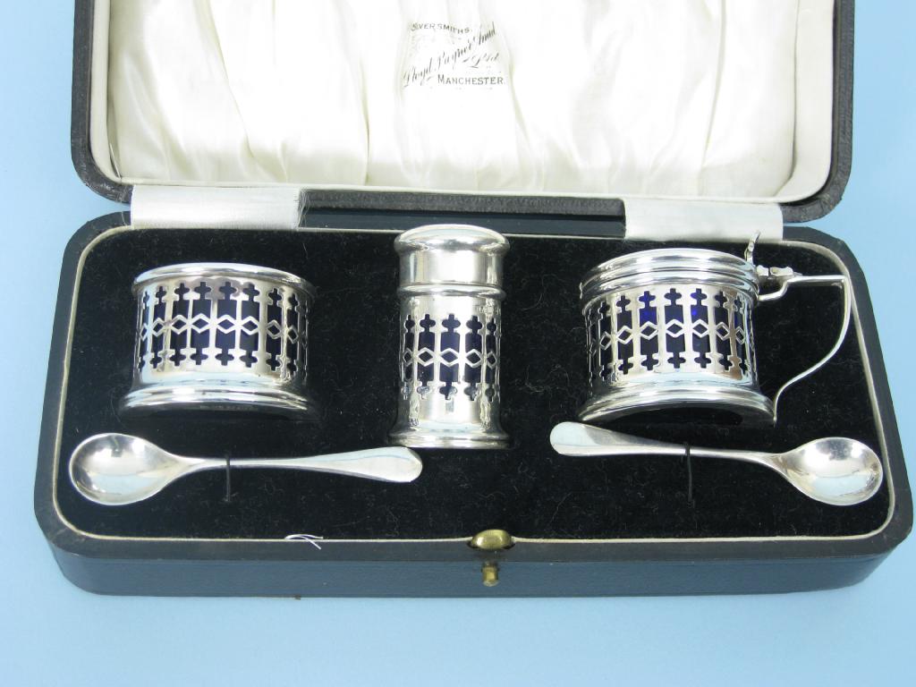 Appraisal: A George V three piece pierced circular Condiment Set with