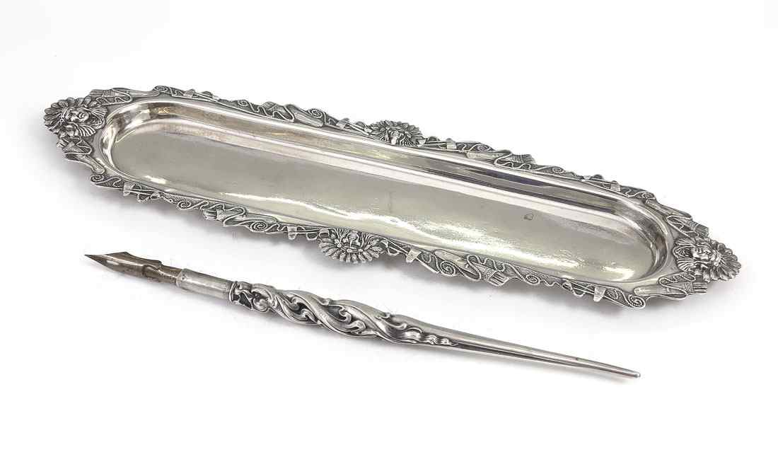 Appraisal: UNGER BROTHERS ART NOUVEAU STERLING PEN TRAY AND PEN pieces