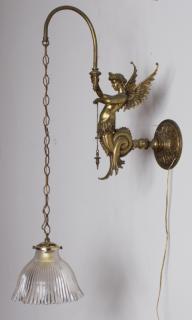 Appraisal: Figural Sconce w Glass Shade Bronze or brass adjustable winged