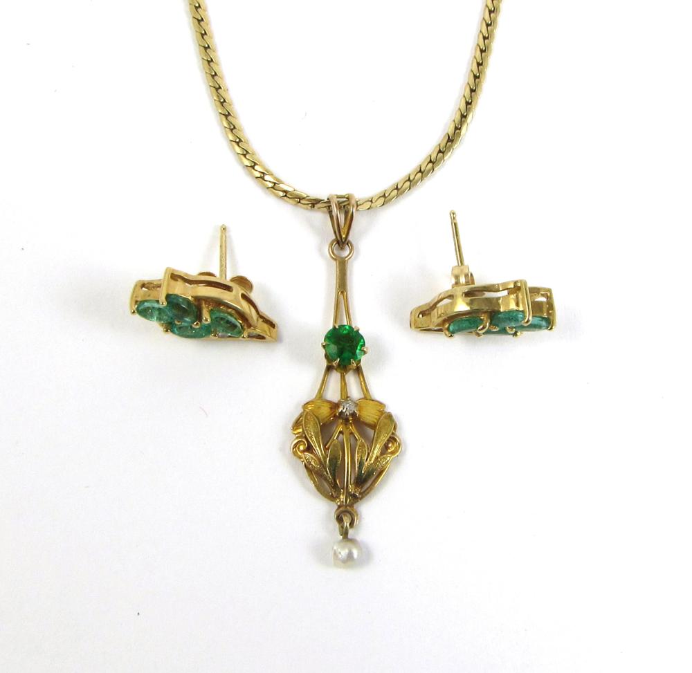 Appraisal: EMERALD AND YELLOW GOLD NECKLACE AND EARRINGS including a pendant