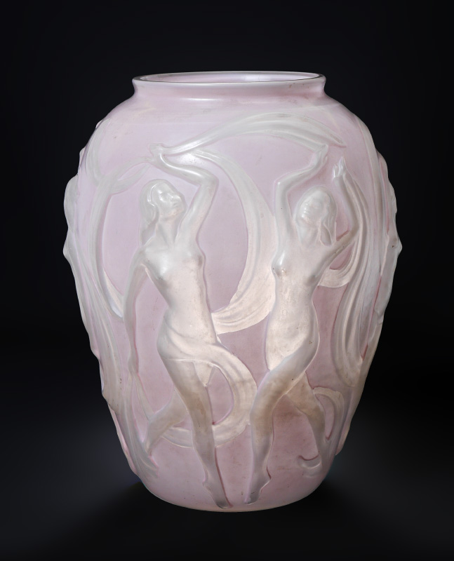 Appraisal: PHOENIX GLASS DANCING NUDE LAVENDER VASE Molded frosted glass figures