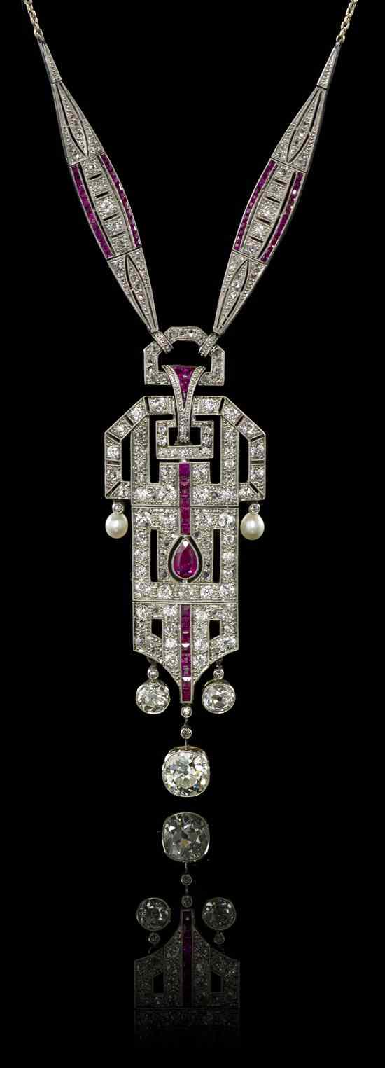 Appraisal: An Art Deco Platinum Pearl Ruby and Diamond Convertible Necklace