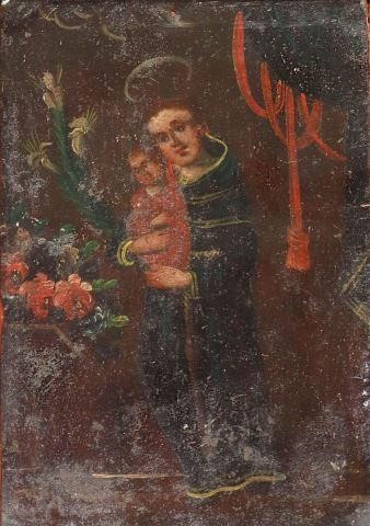 Appraisal: Framed oil on tin retablo San Antonio de Padua Saint