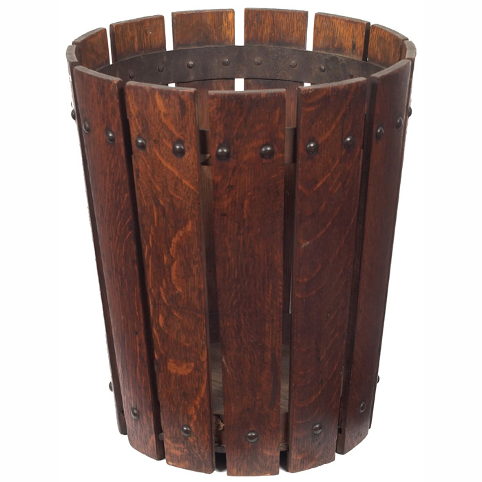 Appraisal: Gustav Stickley wastebasket slatted form with rivets to iron hoops